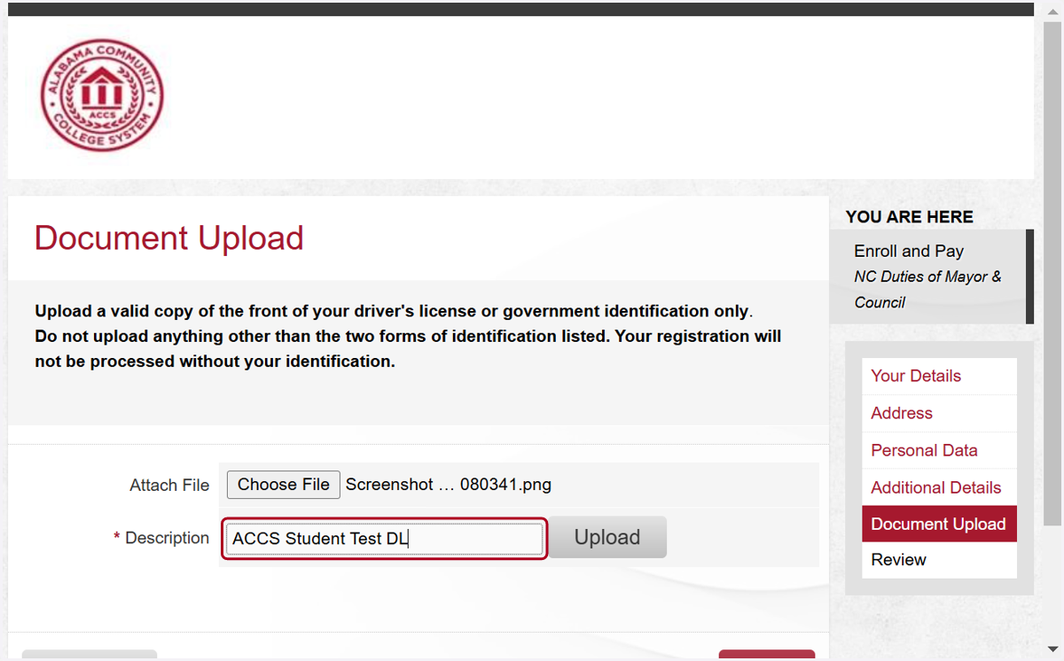 Type your name in description and click Upload