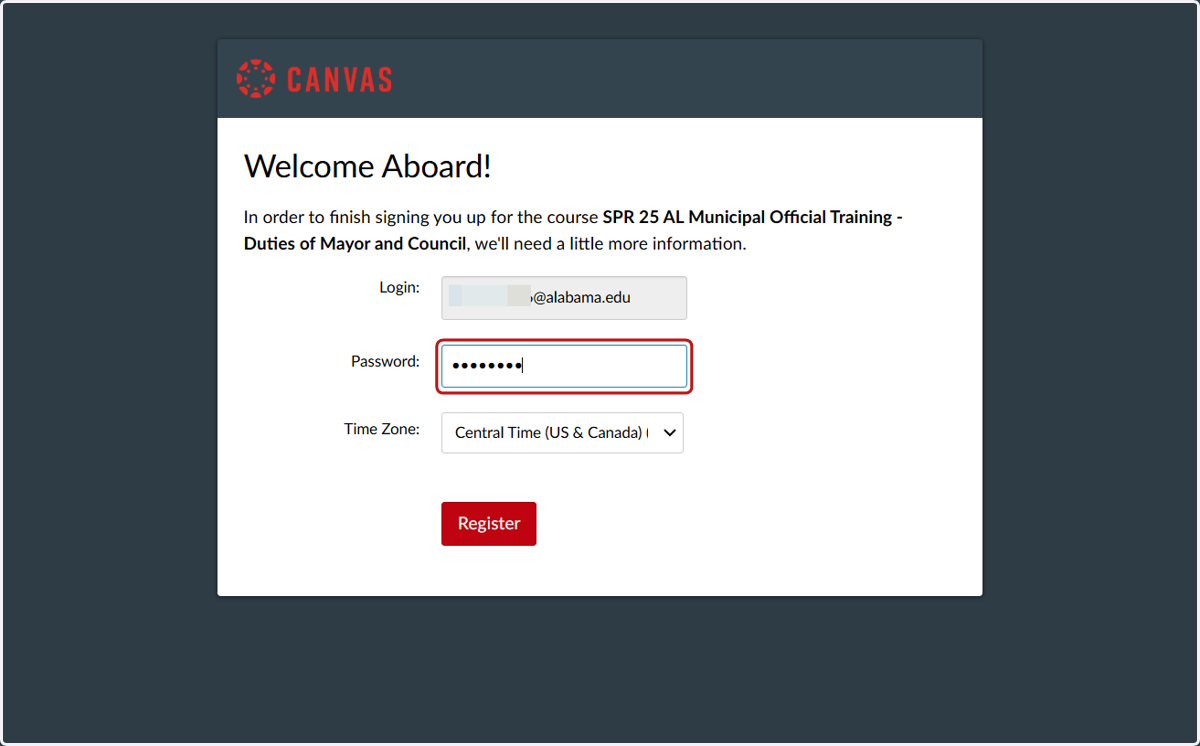 Create password and Register
