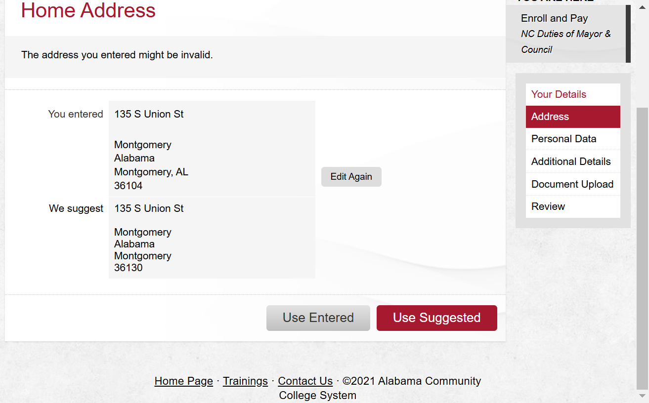 The address entered will be validated. Click on Use Suggested