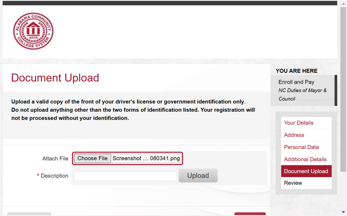 Upload a valid copy of your driver's license or government identification card