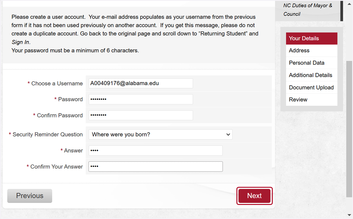 Select Password, Security Question and Answer and Click on Next