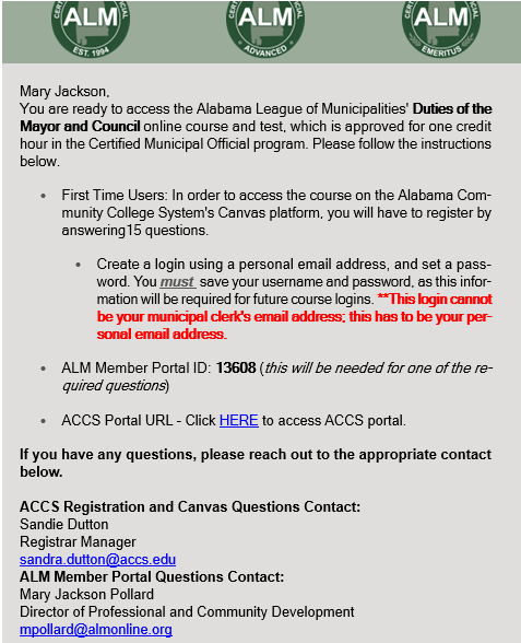 Course Login Information Email