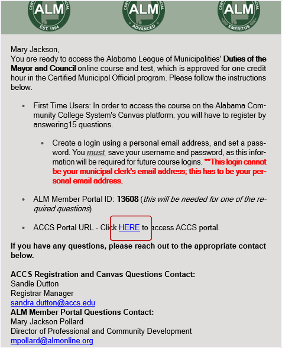 Course Login Information Email