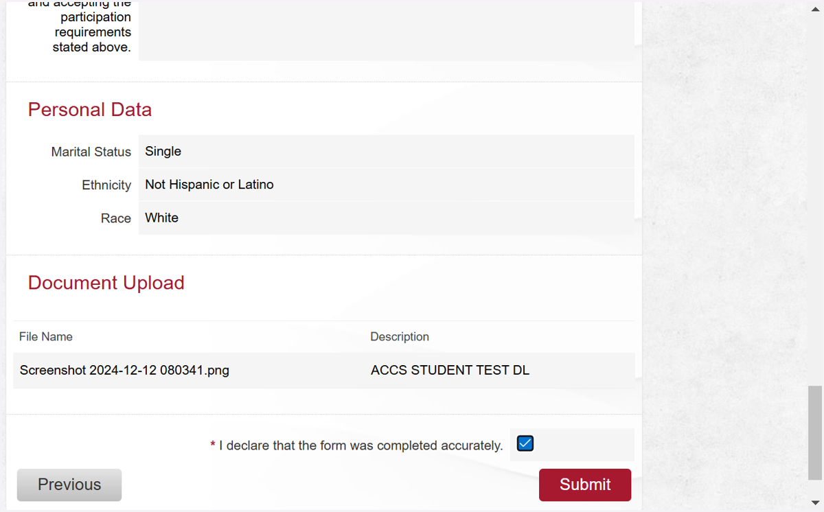 Check box to verify accuracy of information provided and Click Submit