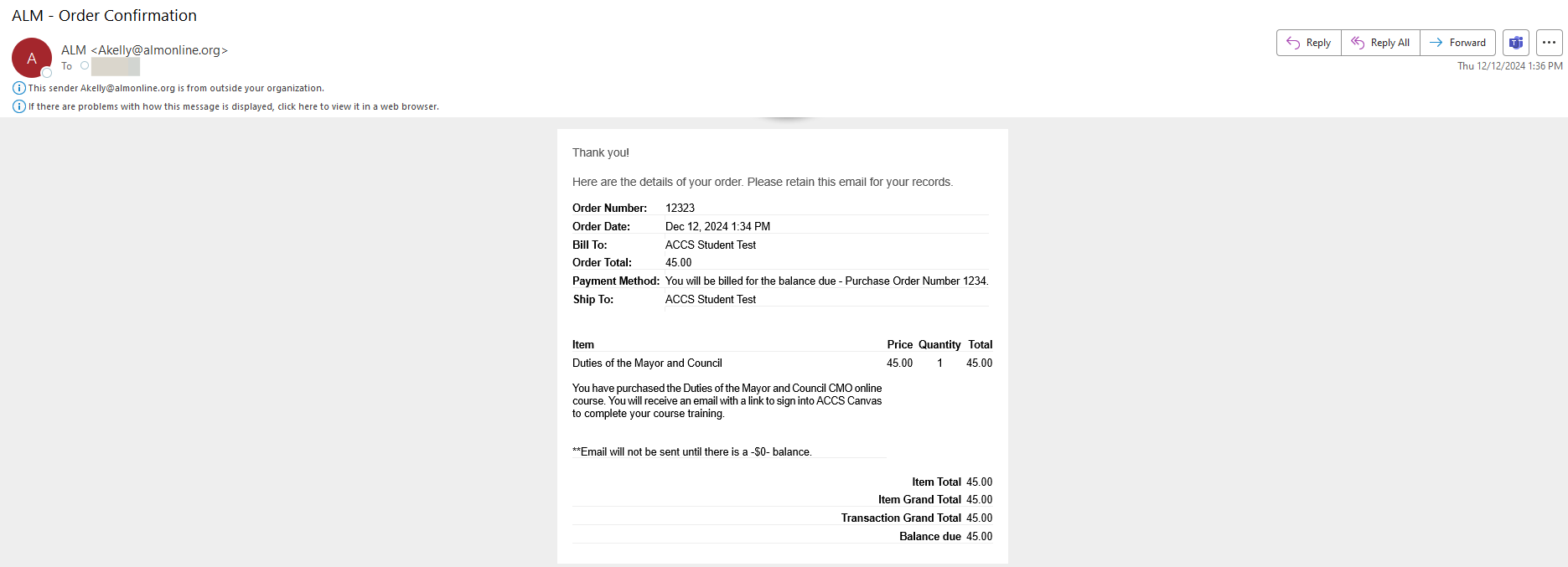 Order Confirmation from ALM