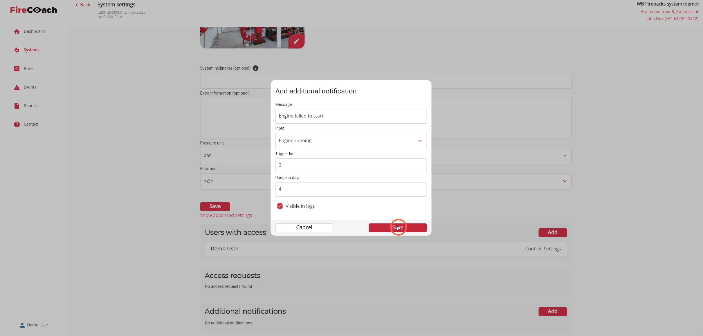Click 'Save' to save the changes made to the notification of the Firepack