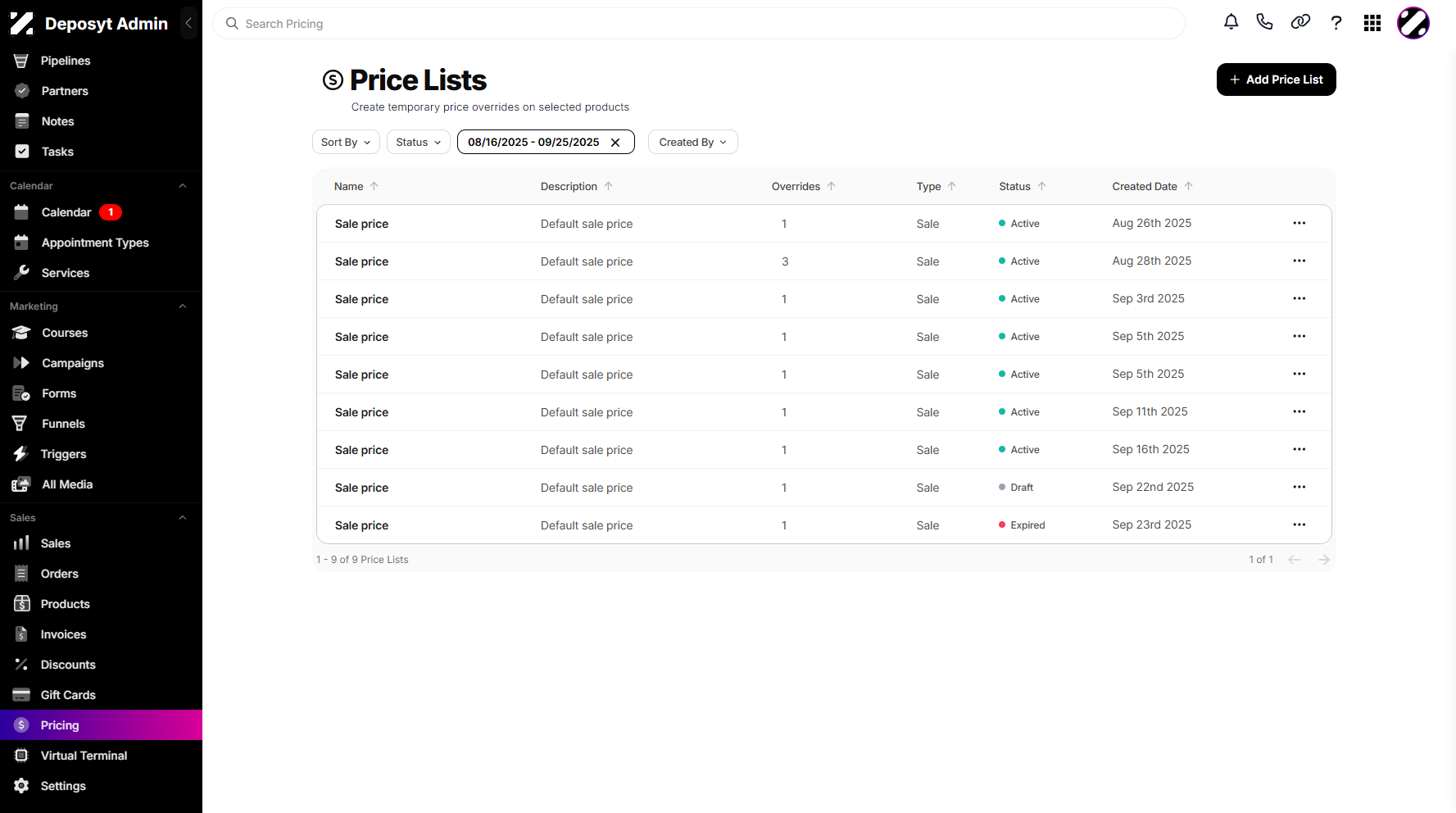 Step 6: You can now view the Price Lists filtered by Date Range.