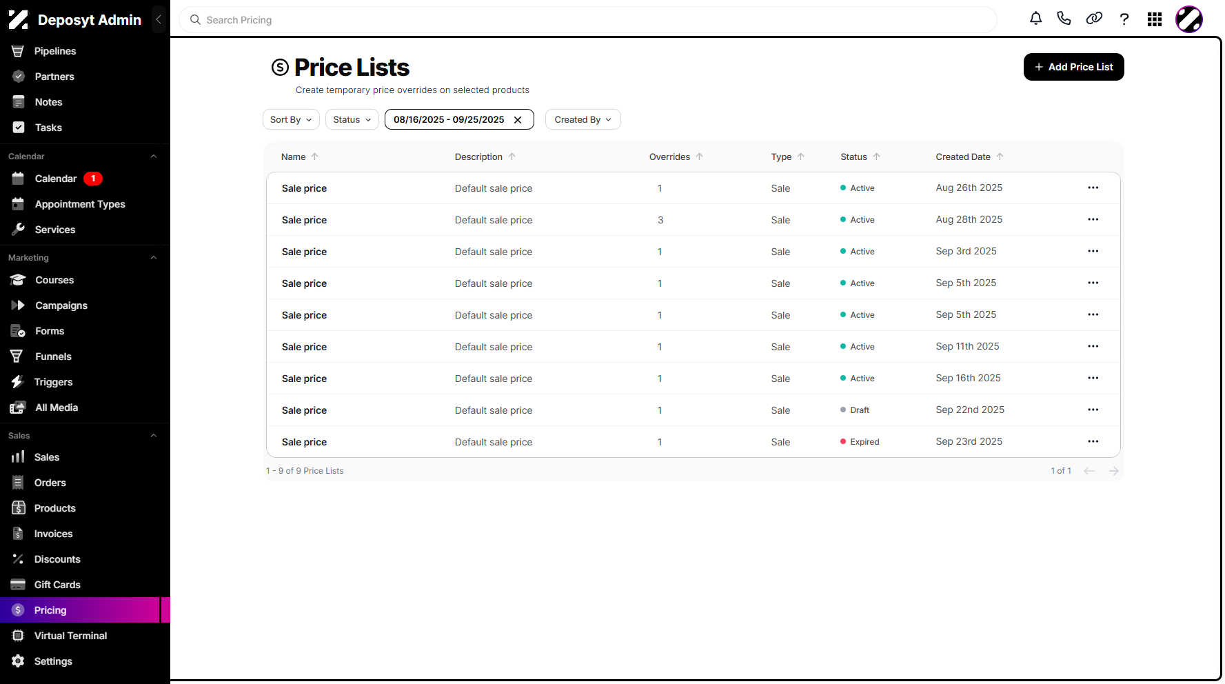 Step 6: You can now view the Price Lists filtered by Date Range.