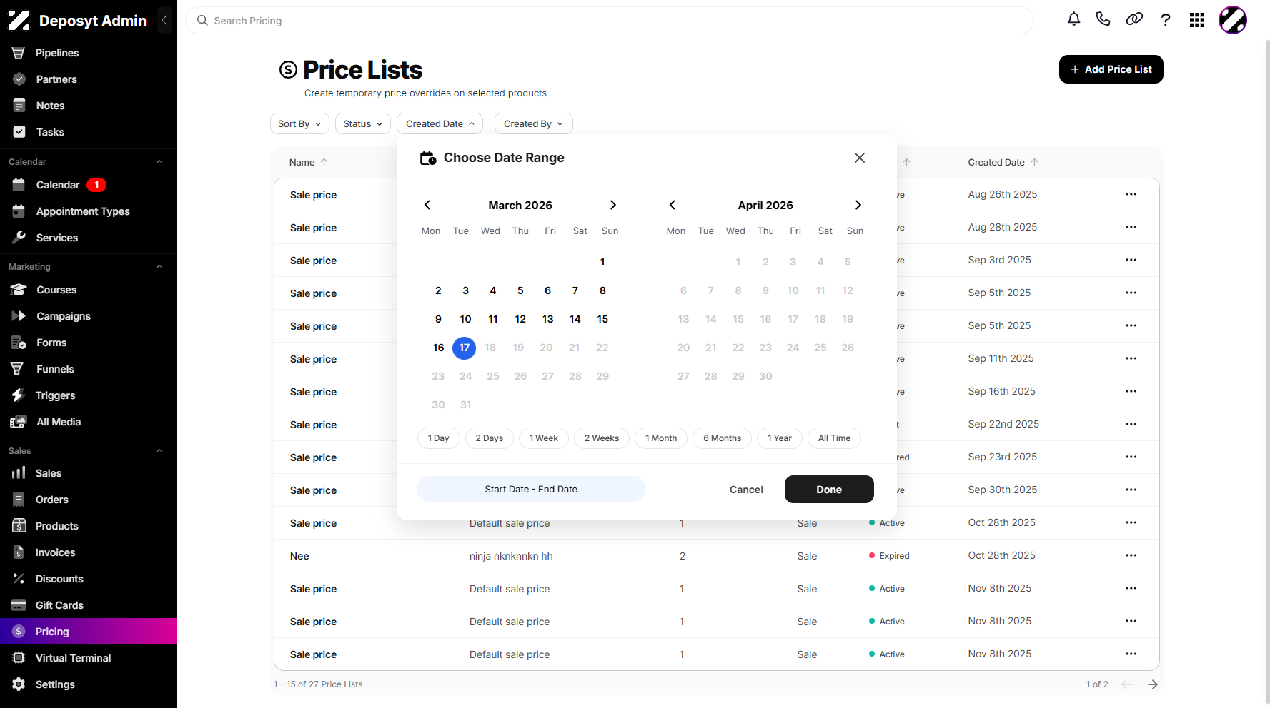 Step 4: A pop-up calendar will appear, allowing you to choose a date range to filter your discounts.