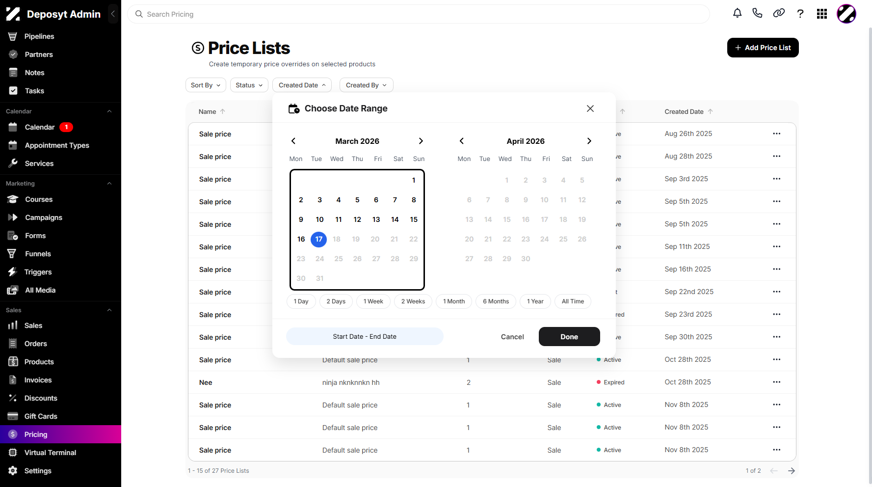 Step 4: A pop-up calendar will appear, allowing you to choose a date range to filter your discounts.