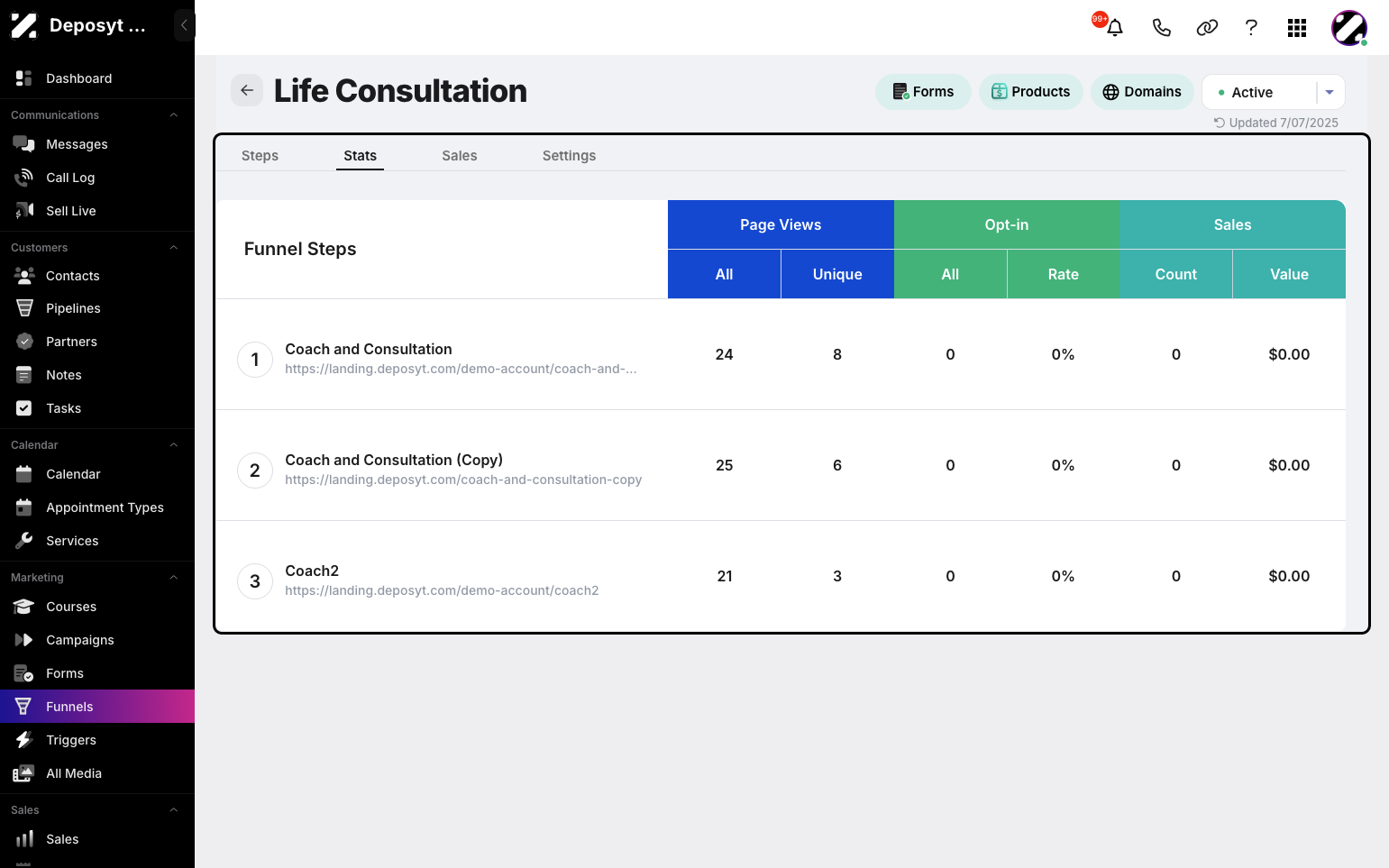 Step 4: View funnel stats such as page views, opt-ins, and sales for each step.