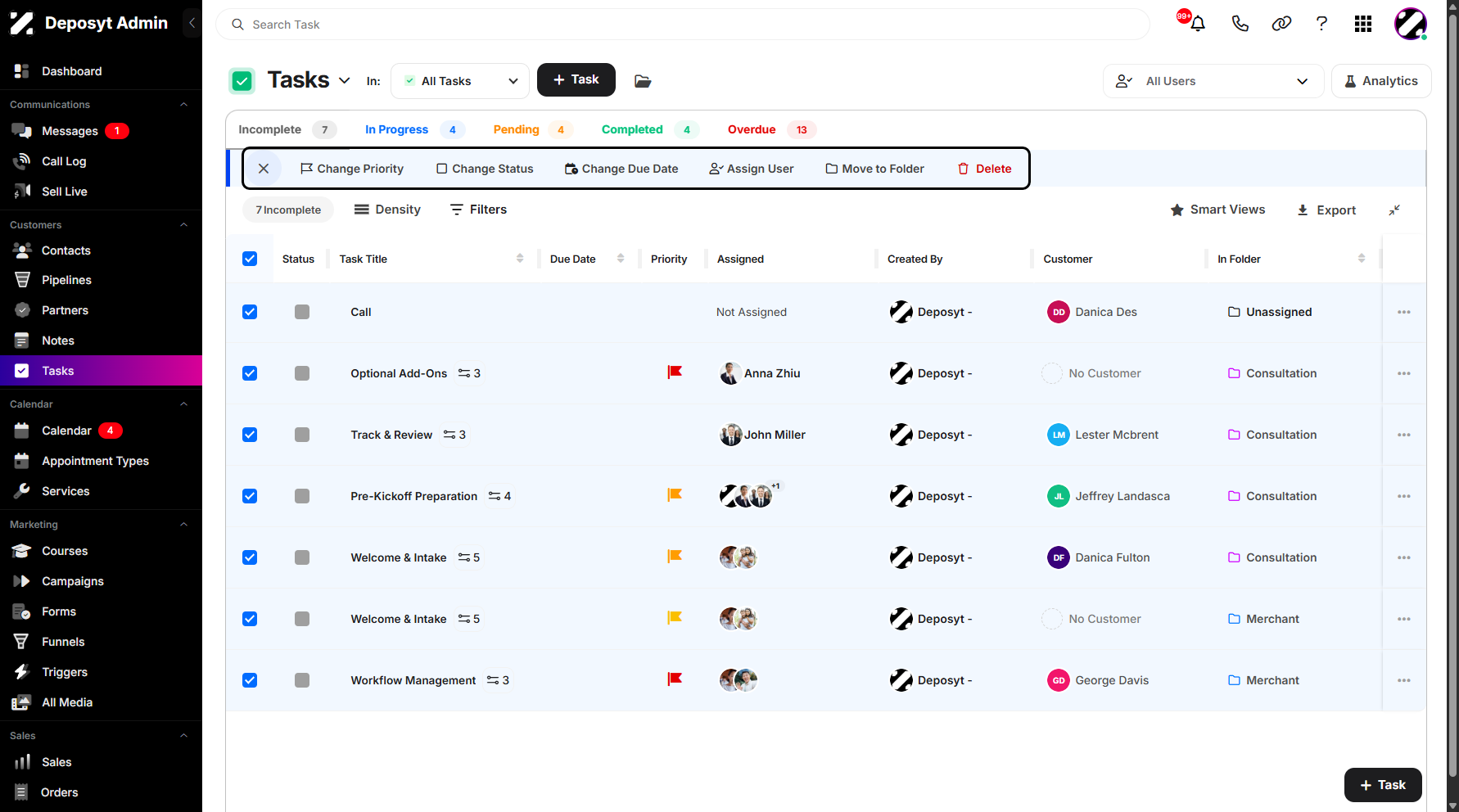 Step 4: All available bulk actions will be displayed, including Change Priority, Change Status, Change Due Date, Assign User, Move to Folder, and Bulk Delete. This feature allows you to perform multiple actions on tasks instantly.