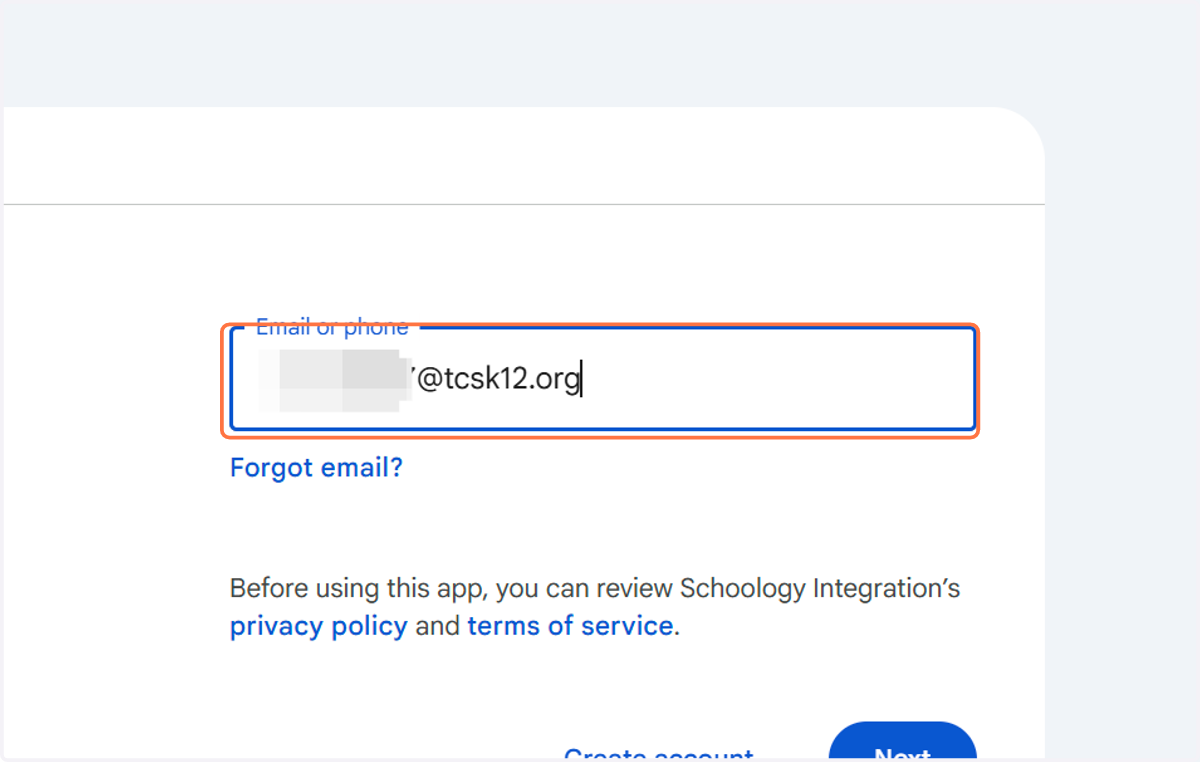 Type your student email address with your username@tcsk12.org (example: Kaitlin1234@tcsk12.org)