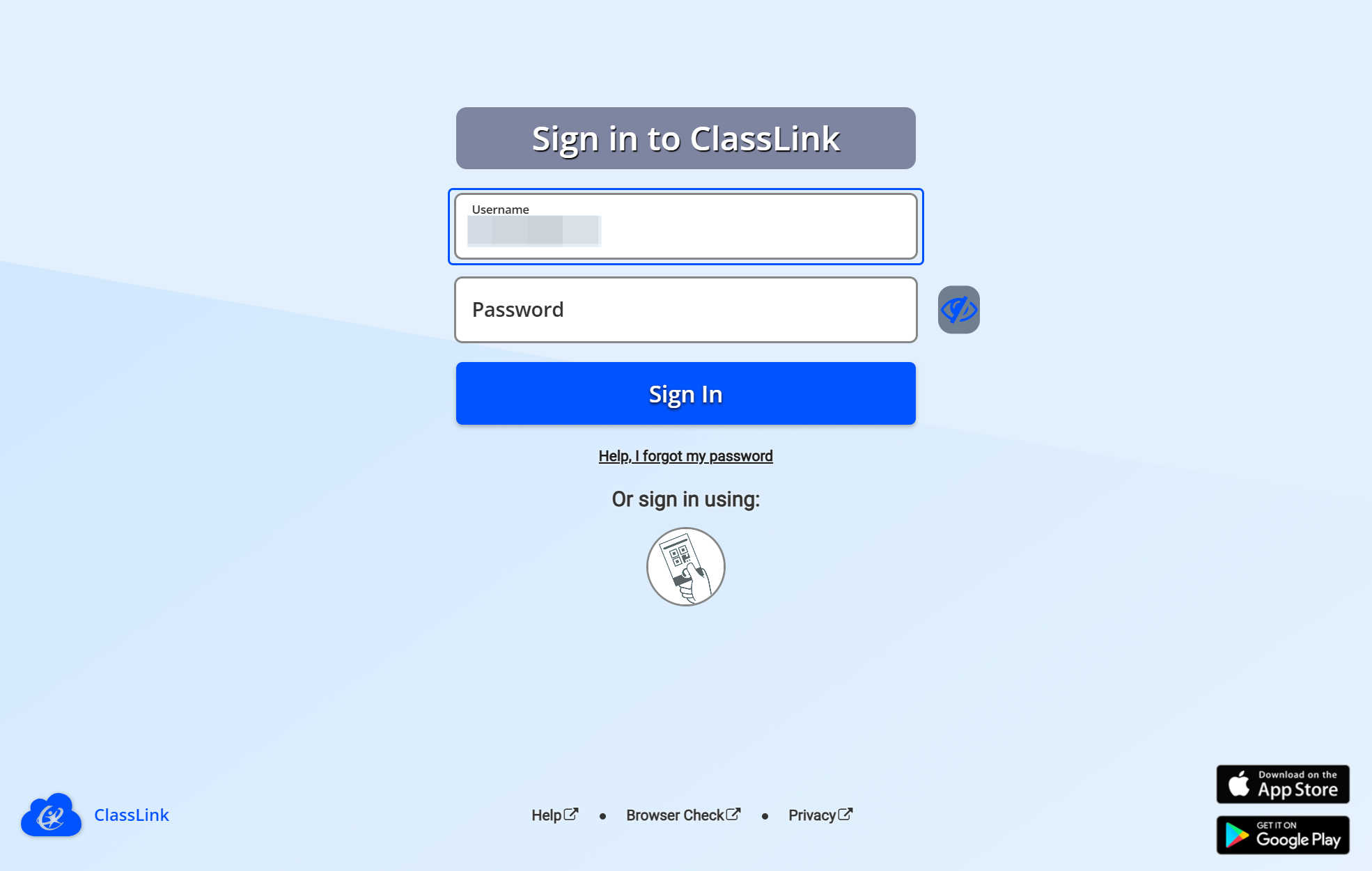On the ClassLink login page, enter your username (first name and four numbers) like you do at school (Example: Kaitlin1234)