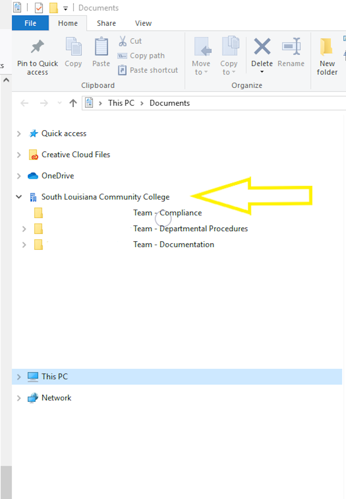 Under the Windows file explorer, there will now be a section called "South Louisiana Community College". Each channel that you sync will be a folder listed here.