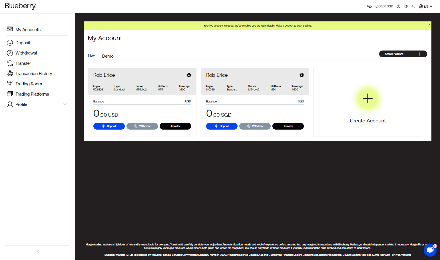 Login to the client portal and choose the trading account you want to deposit funds into and click on Deposit.