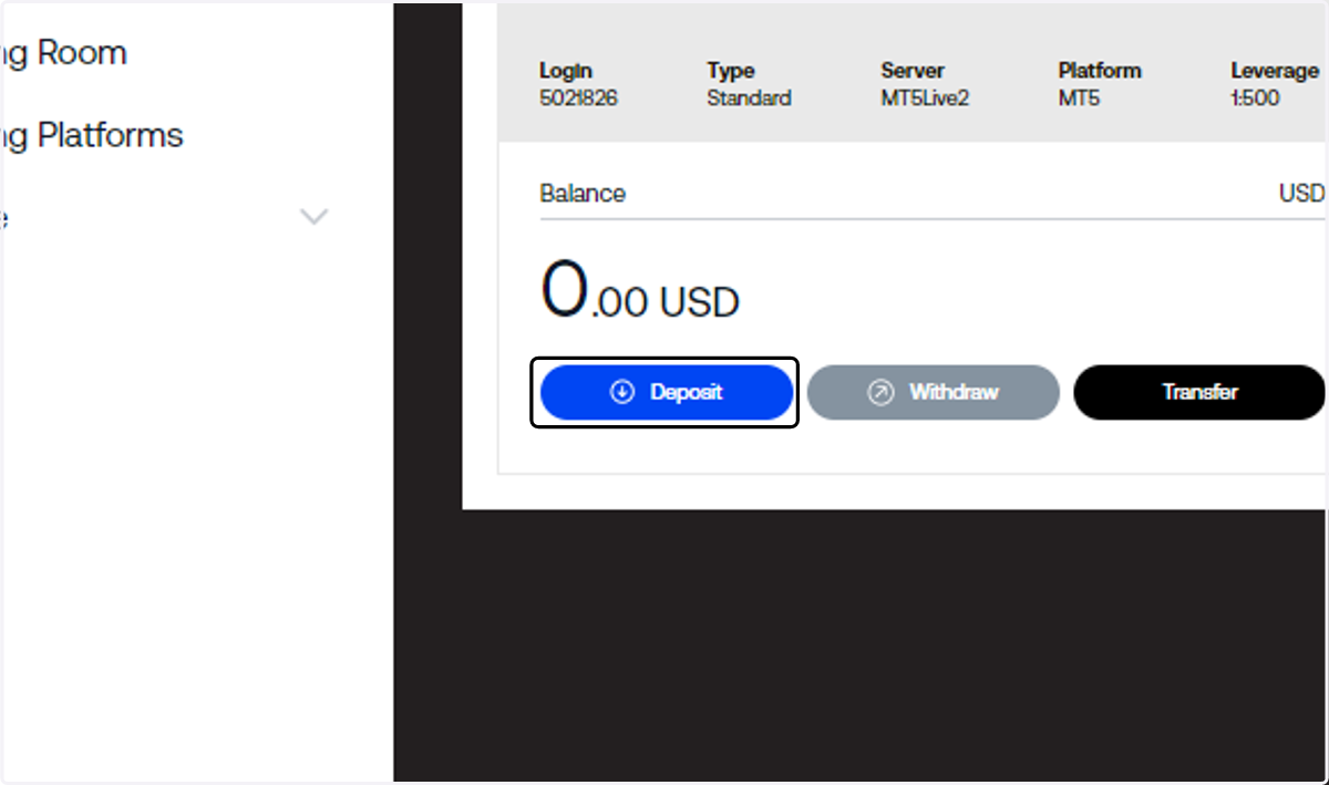 Login to the client portal and choose the trading account you want to deposit funds into and click on Deposit.