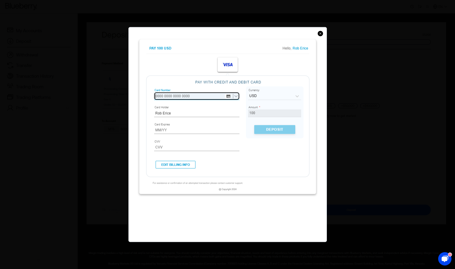 Enter your card details and click on DEPOSIT.
