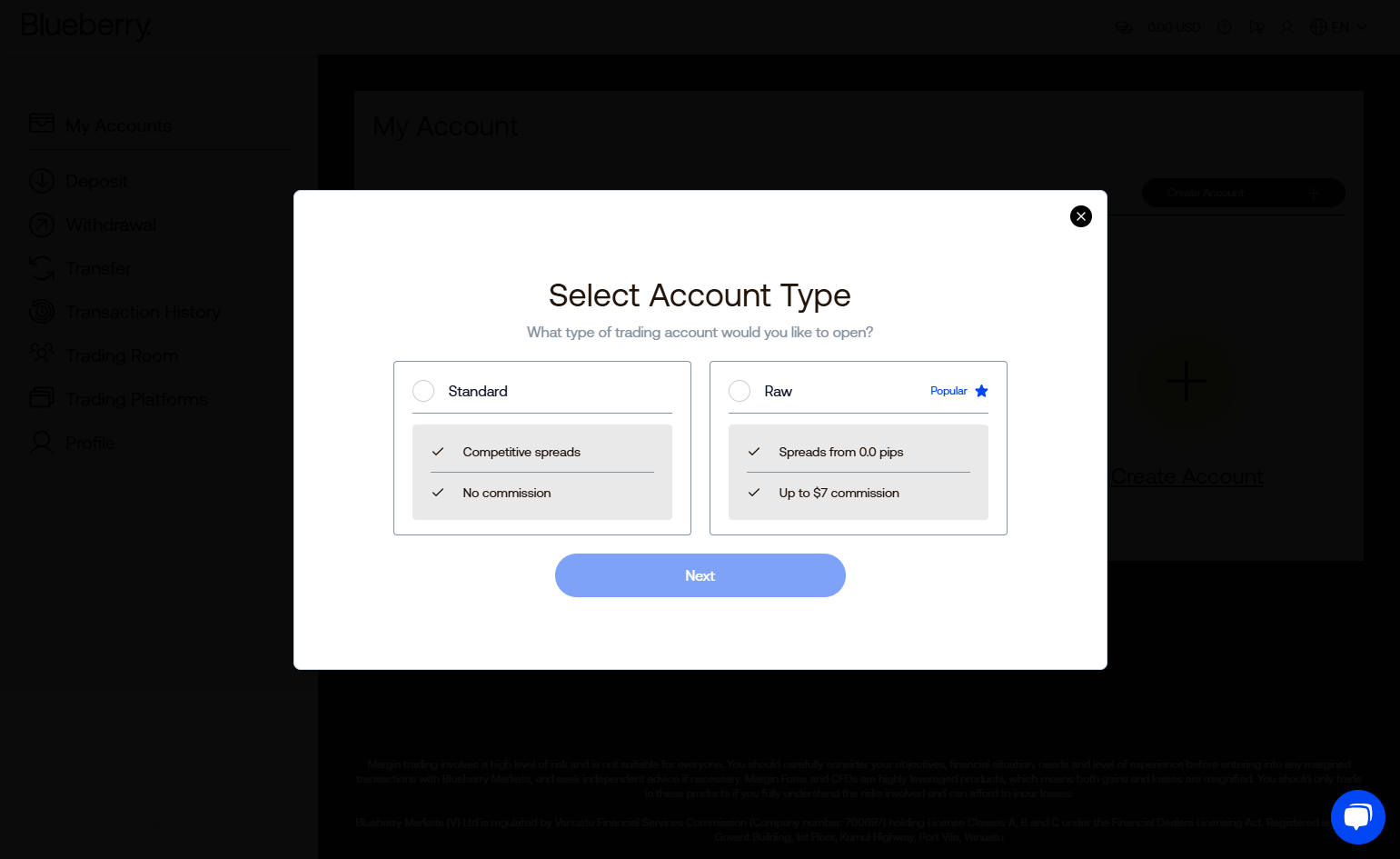 Select the account type you want.