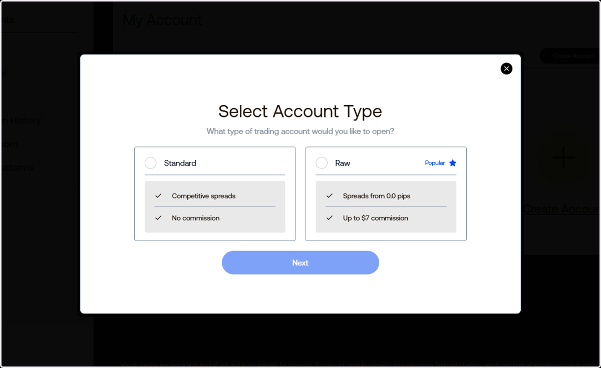 Select the account type you want.