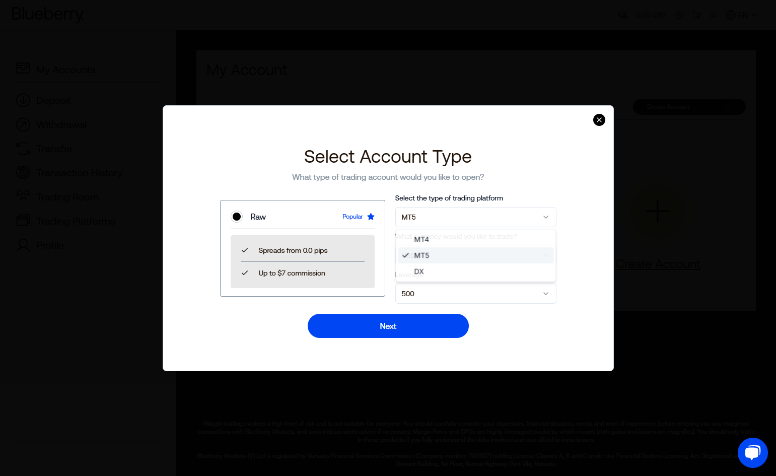 Select DX as your trading platform.