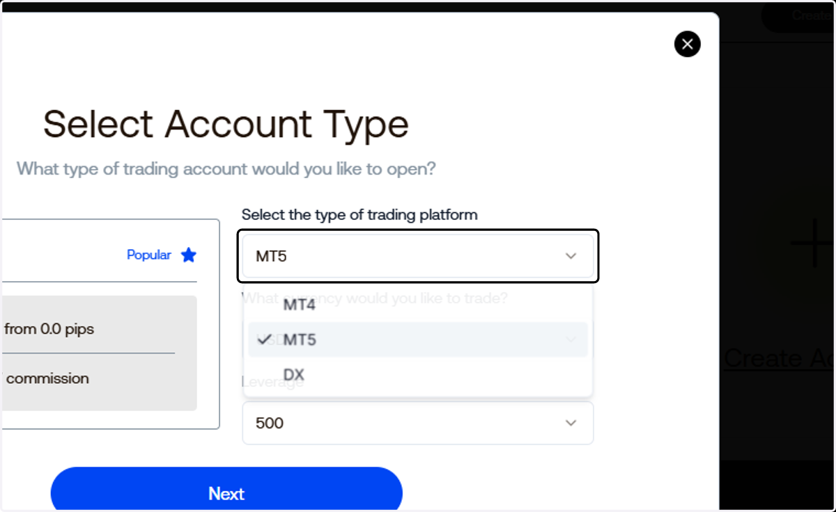Select DX as your trading platform.