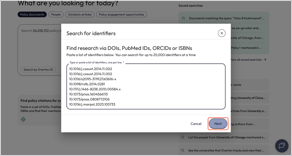Click on 'Next' to start the search