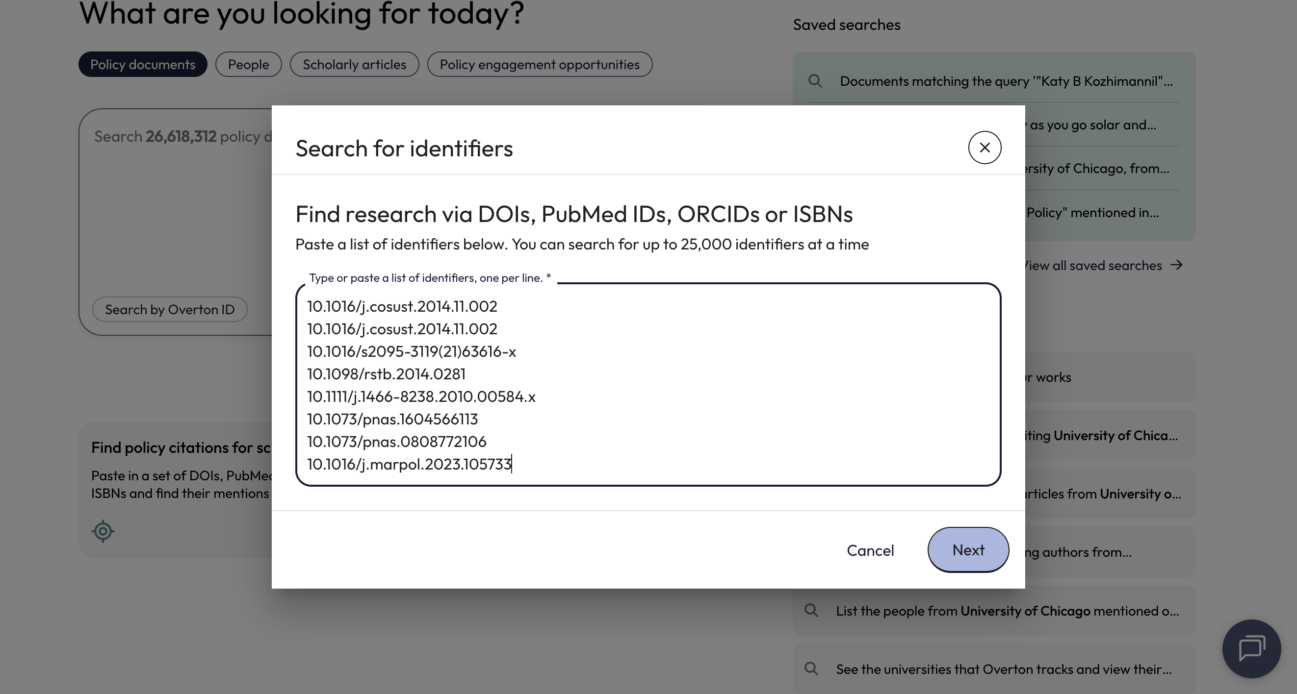 Paste identifiers into the pop-up box. You can search with a combination of different identifiers.