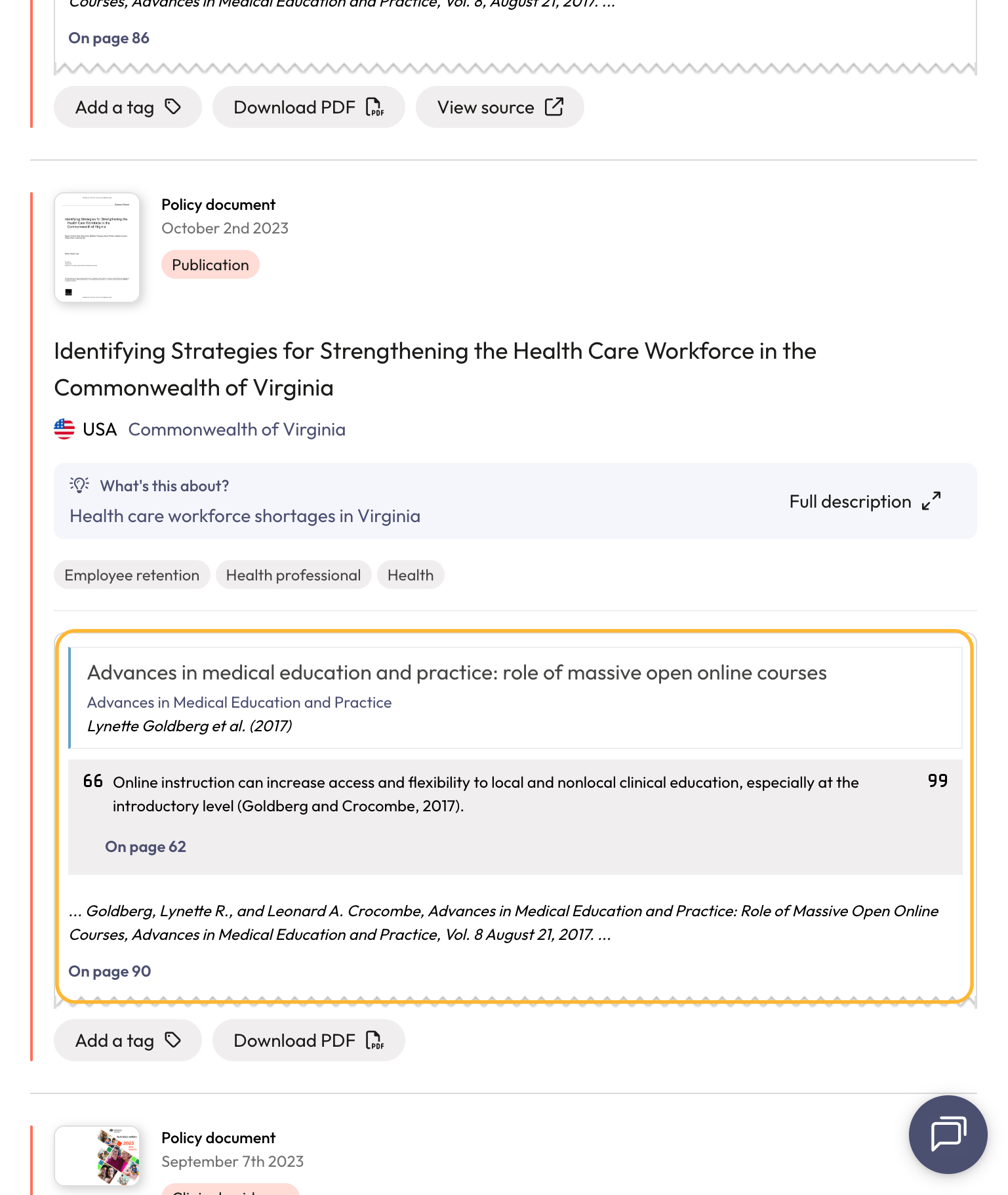 Each policy document result displays the name of the cited article, author and information about the citation from the full-text