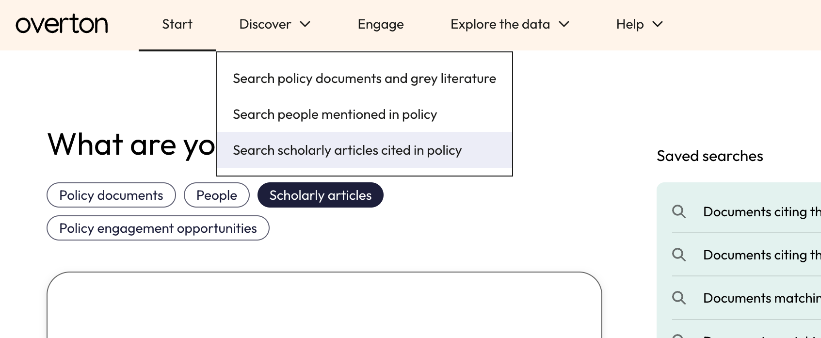 From the Discover menu, click on 'Search scholarly articles cited in policy'