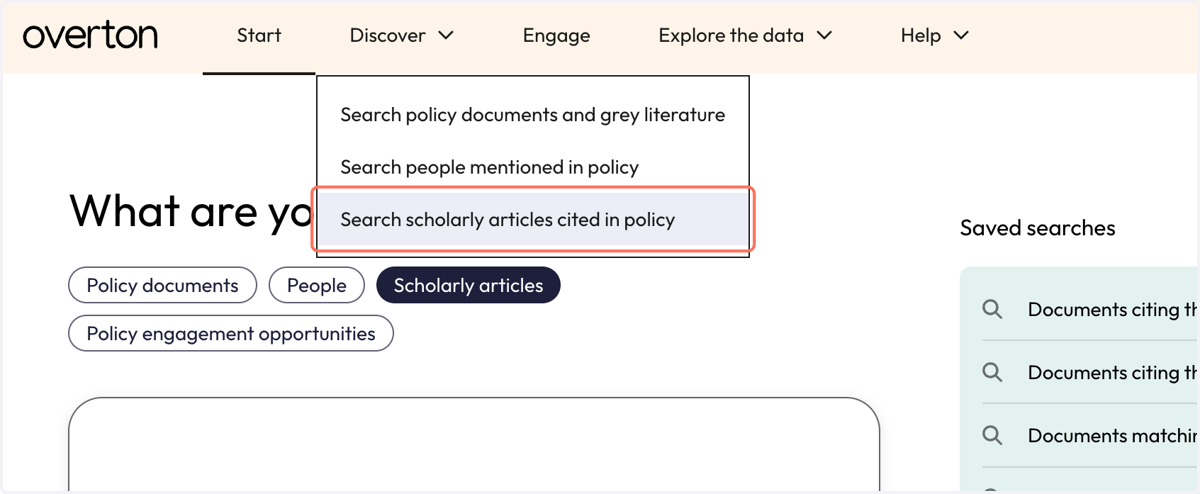 From the Discover menu, click on 'Search scholarly articles cited in policy'