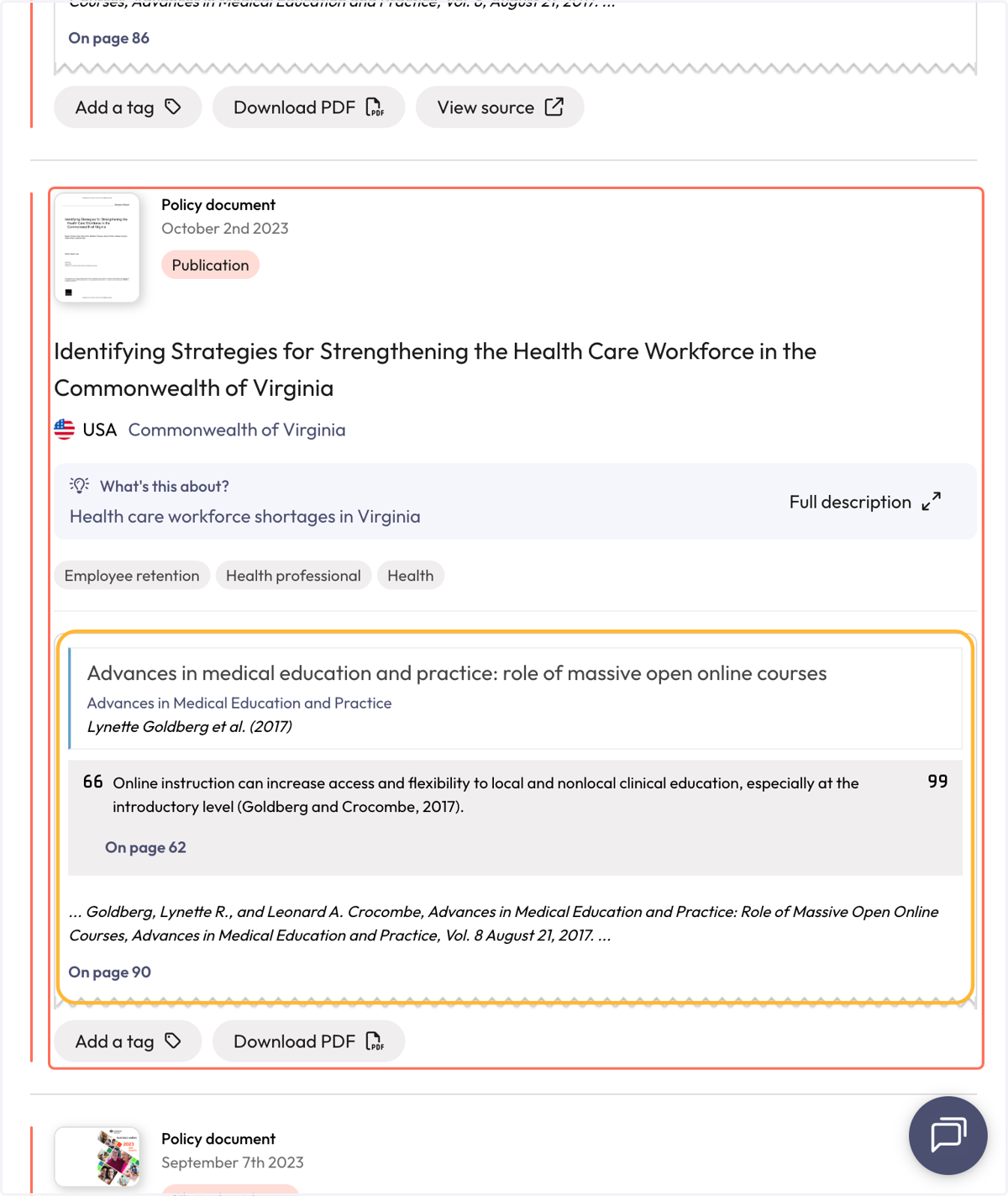 Each policy document result displays the name of the cited article, author and information about the citation from the full-text