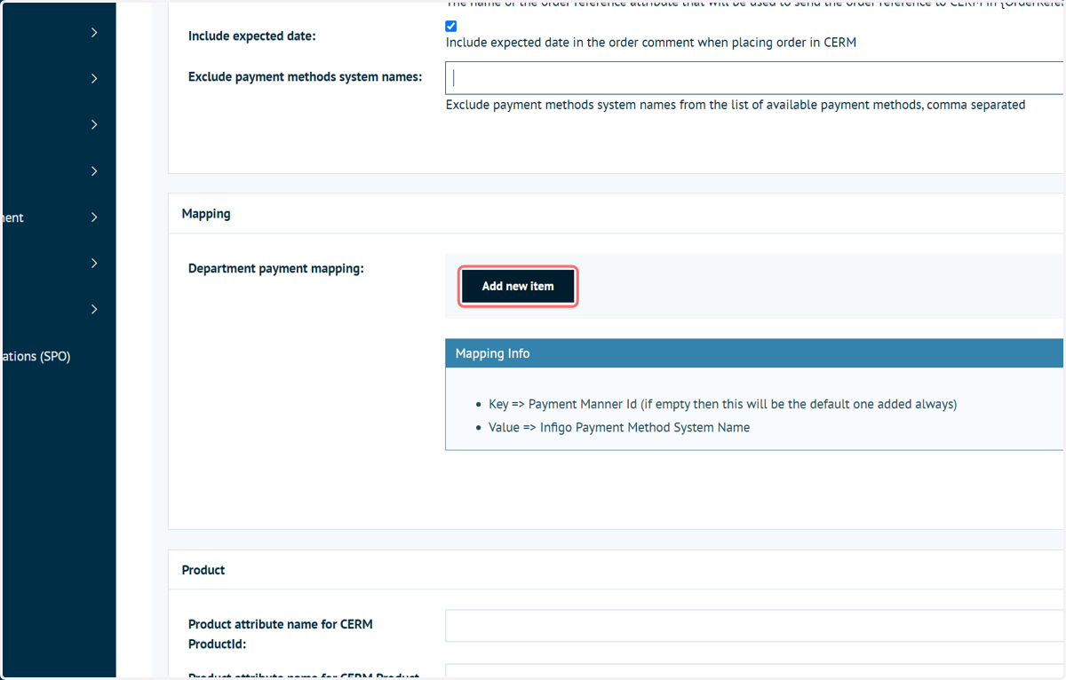 Click Add new item to begin payment method mapping