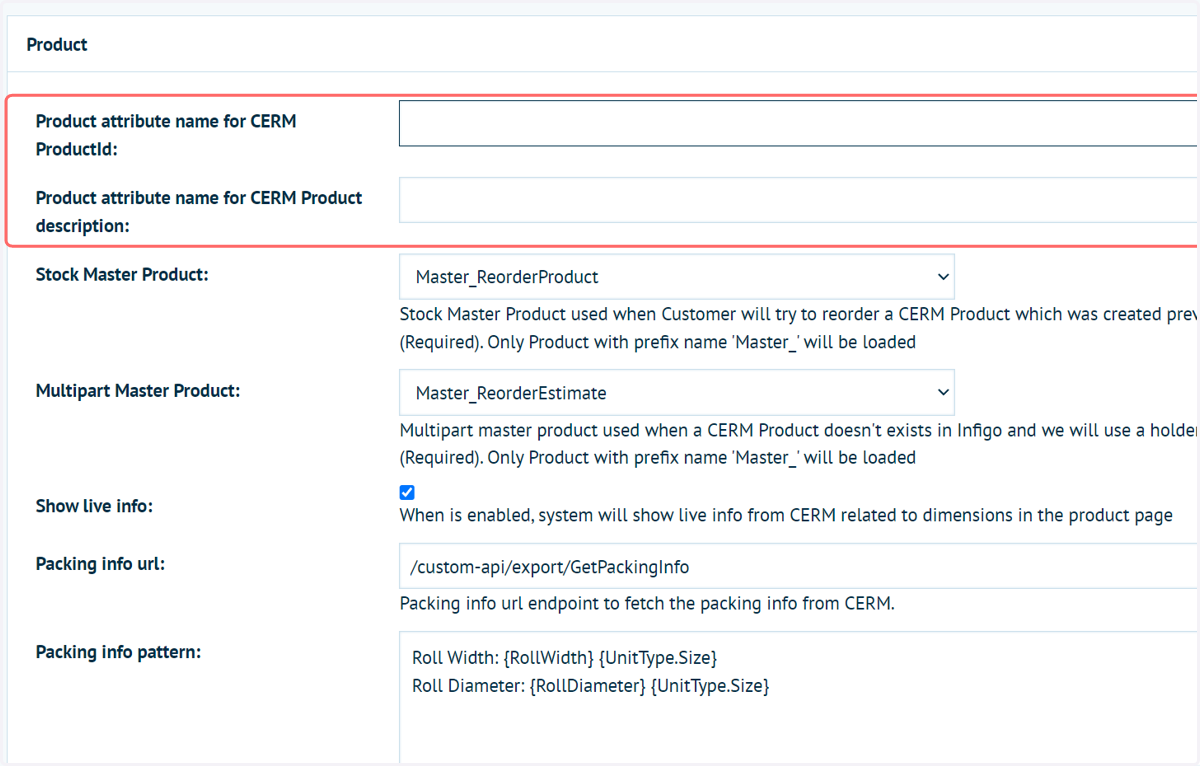 Input product attribute names for CERM ProductID and Product description values