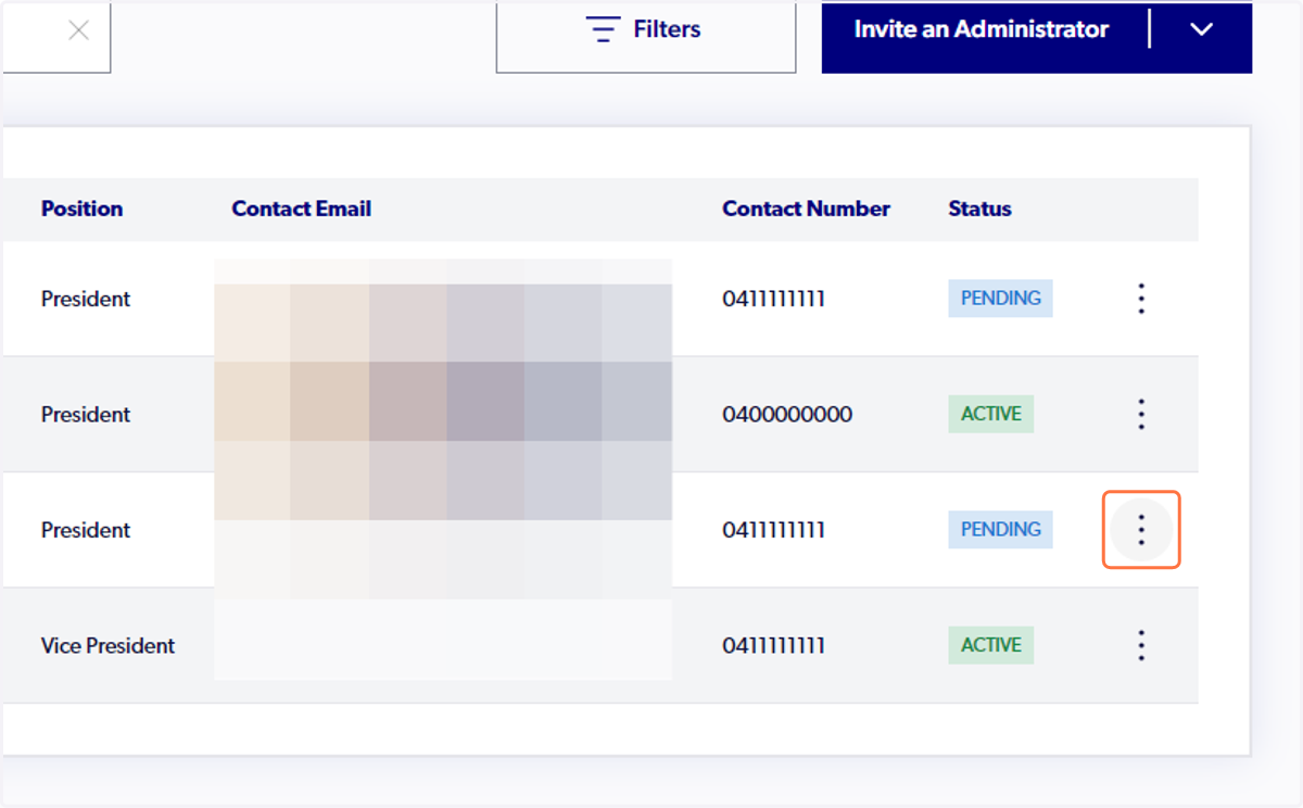 Click on the 3 dots next to the relevant admin