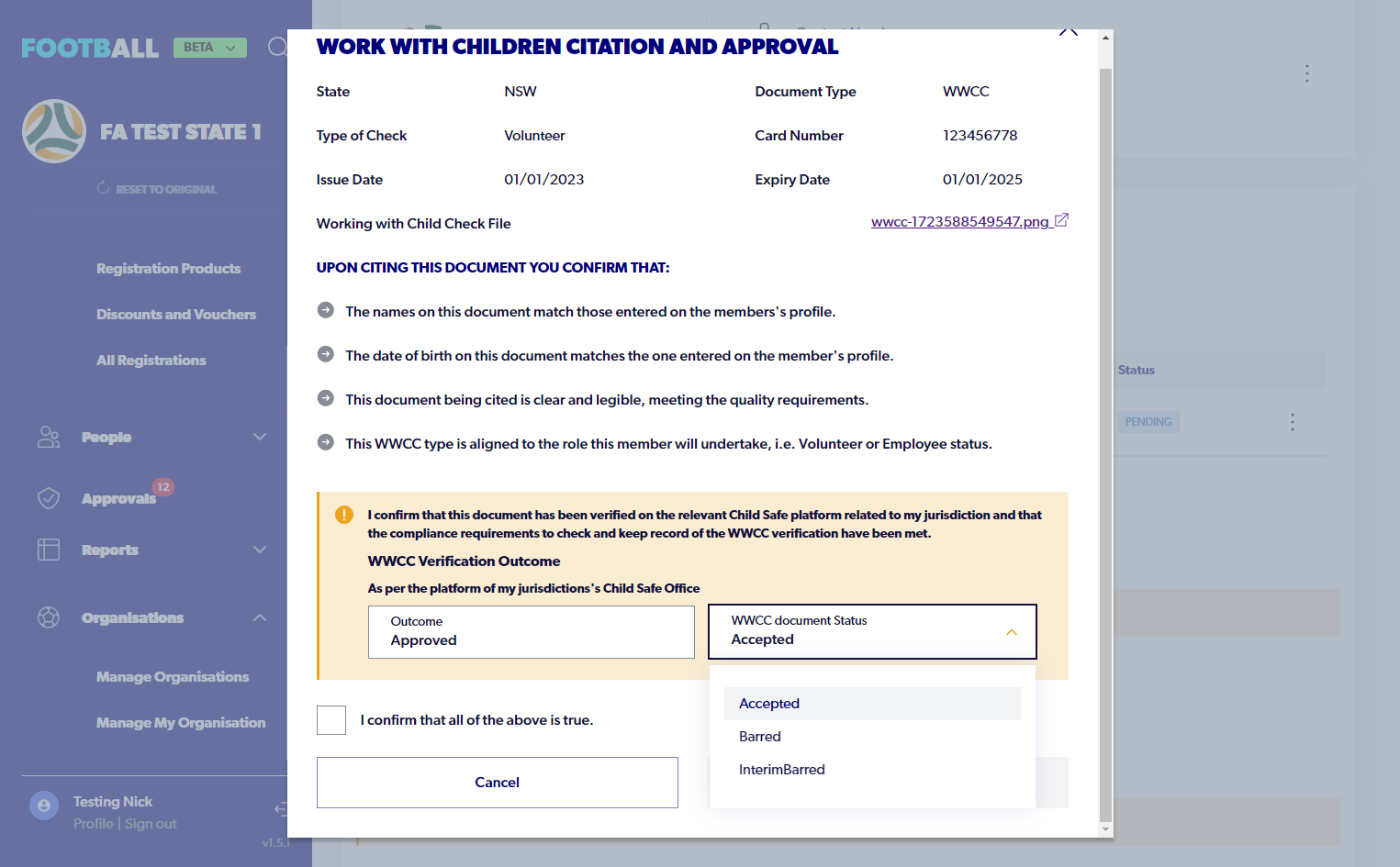 Select Accepted if WWCC is valid