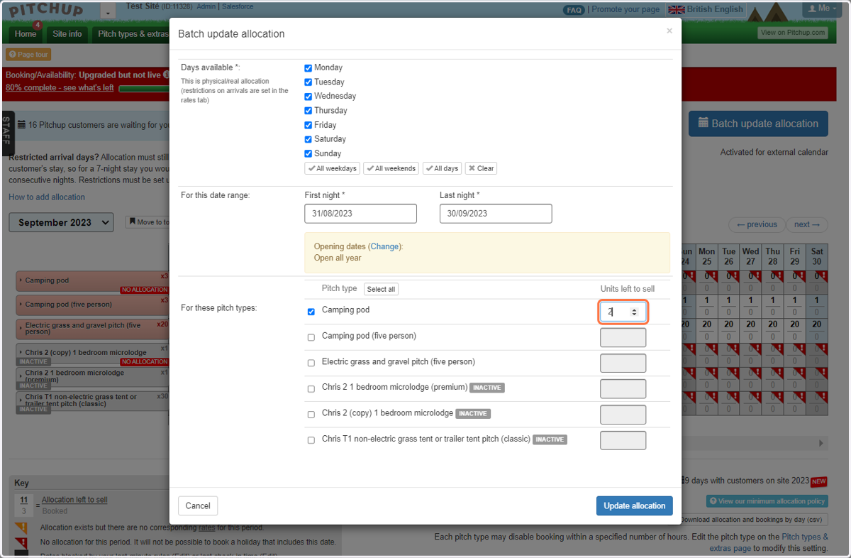 Tick the pitch type(s) you would like to update and enter the number of units you wish to allocate