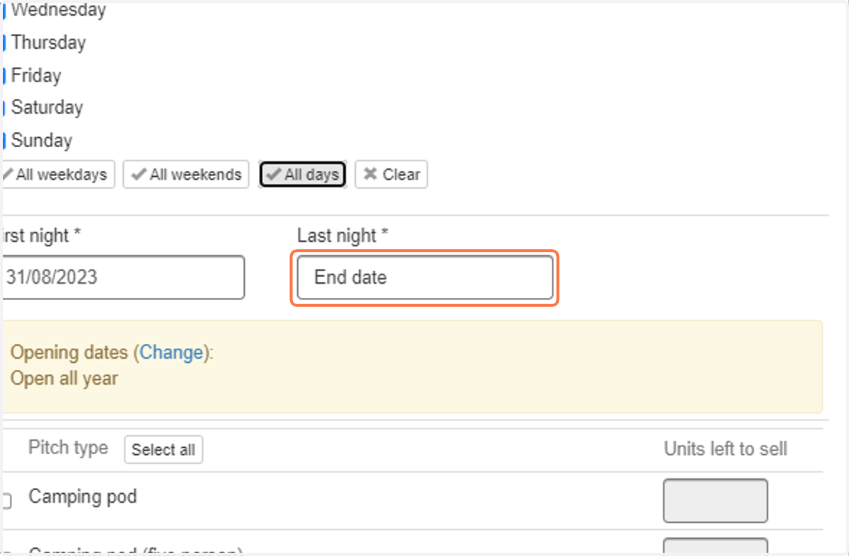 Select the first and last nights you want to update allocation for