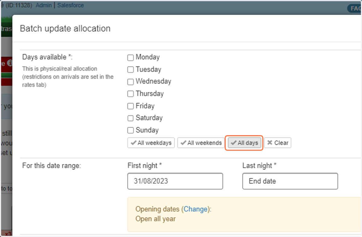 First click the days of the week when the customers can stay on site
