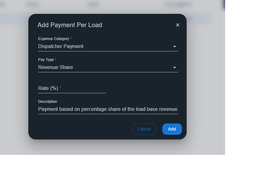 Enter the Expense category as Dispatcher payment and select the Pay Type