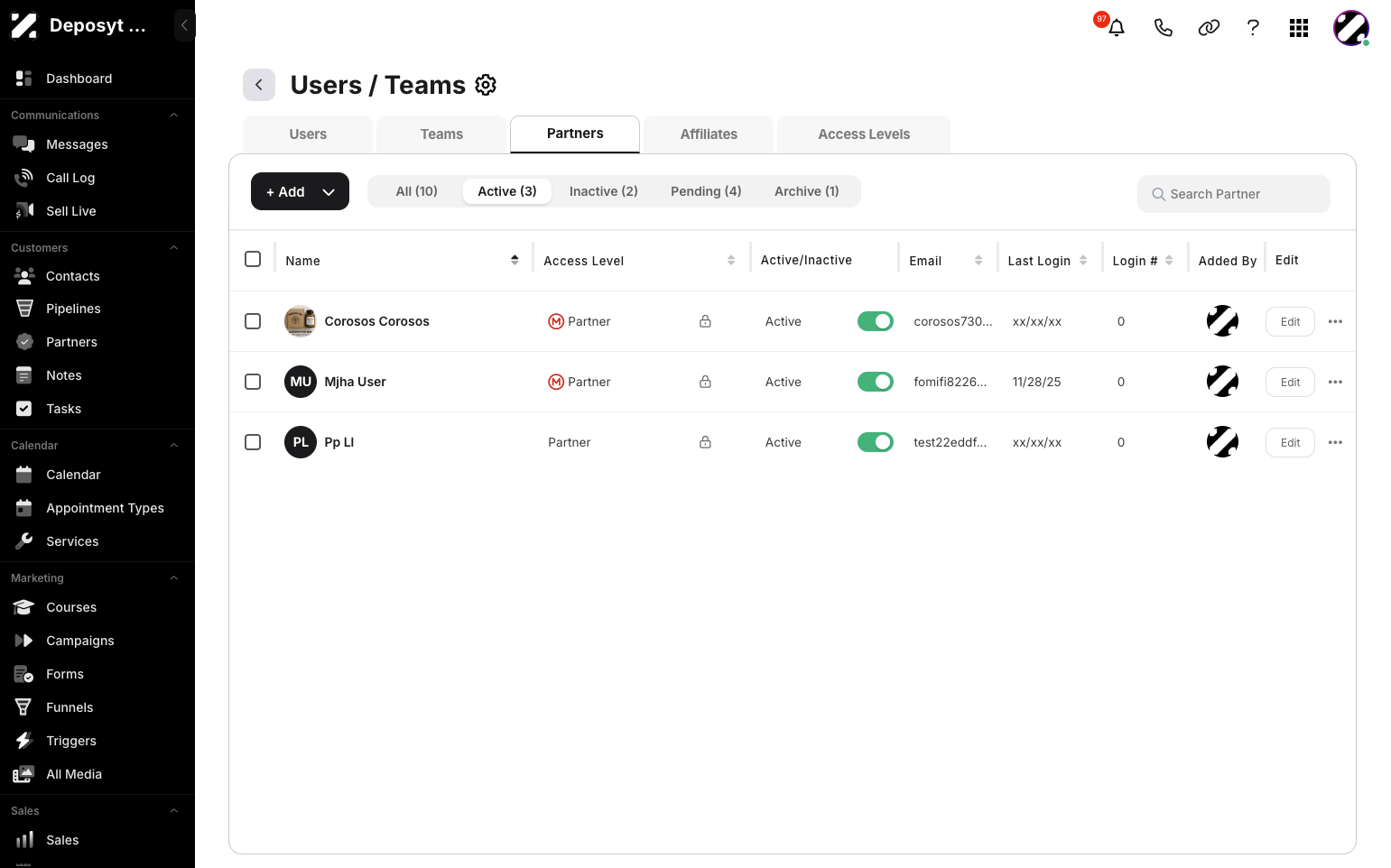Step 4: Click on the Partners tab to view and manage the Partners section.