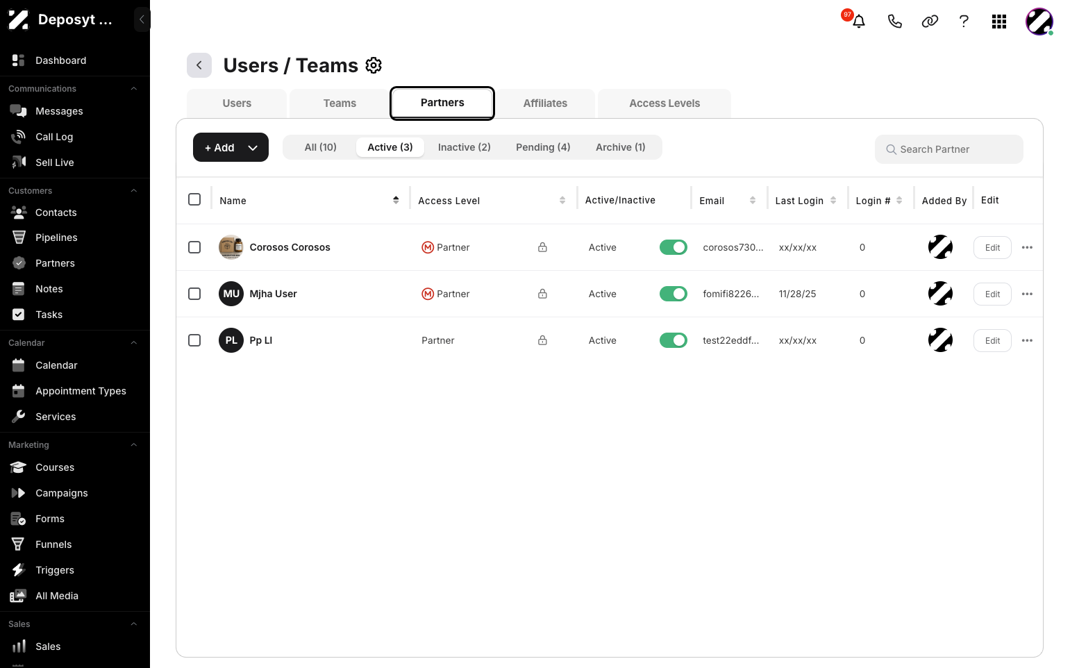 Step 4: Click on the Partners tab to view and manage the Partners section.