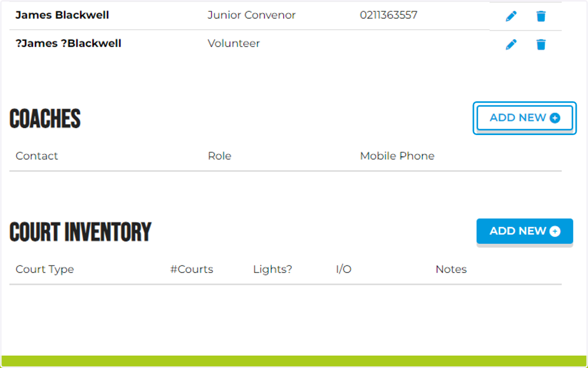 On the club profile, head to Coaches and click Add New