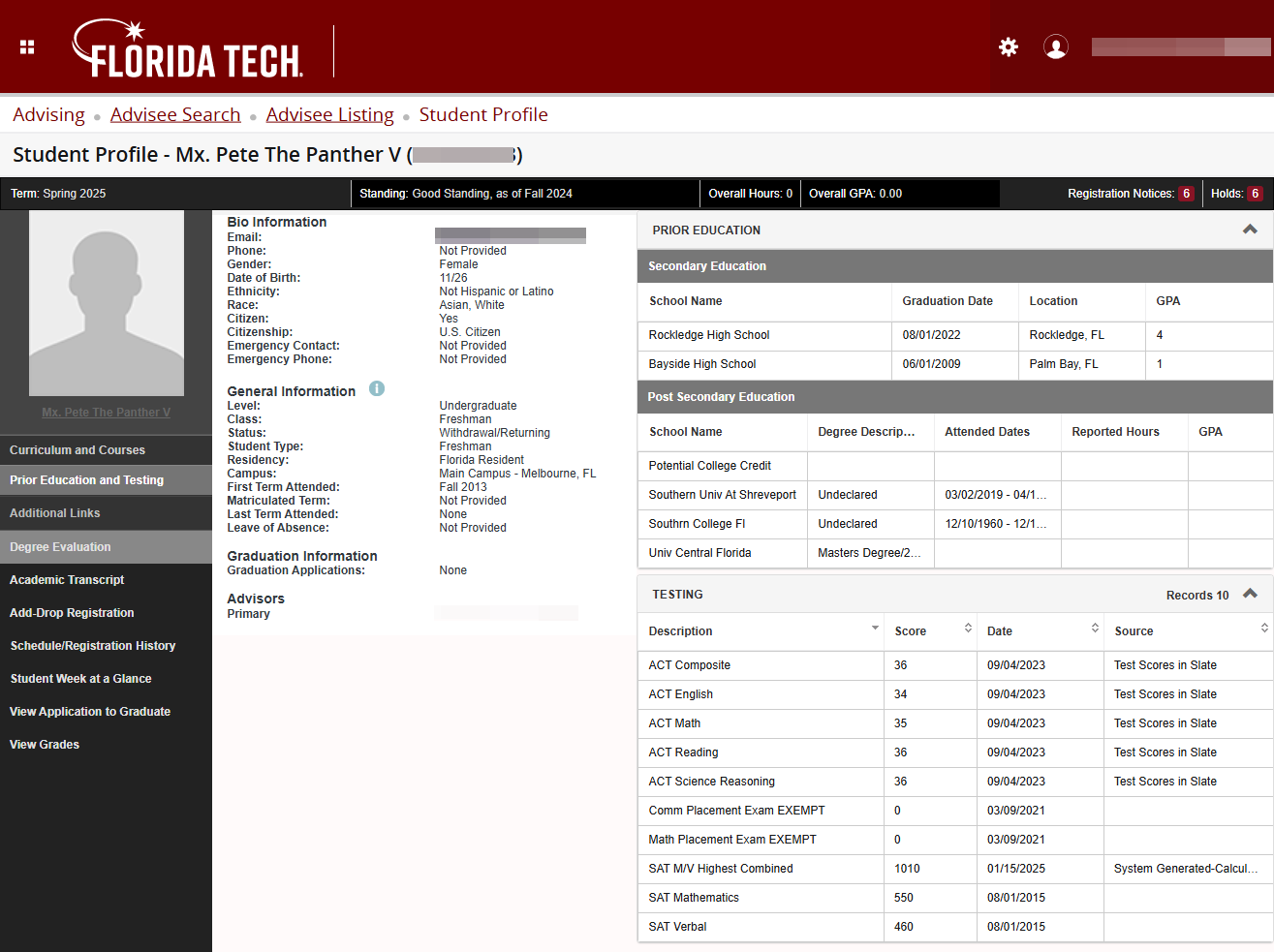 The Curriculum section becomes the Prior Education and Testing section
