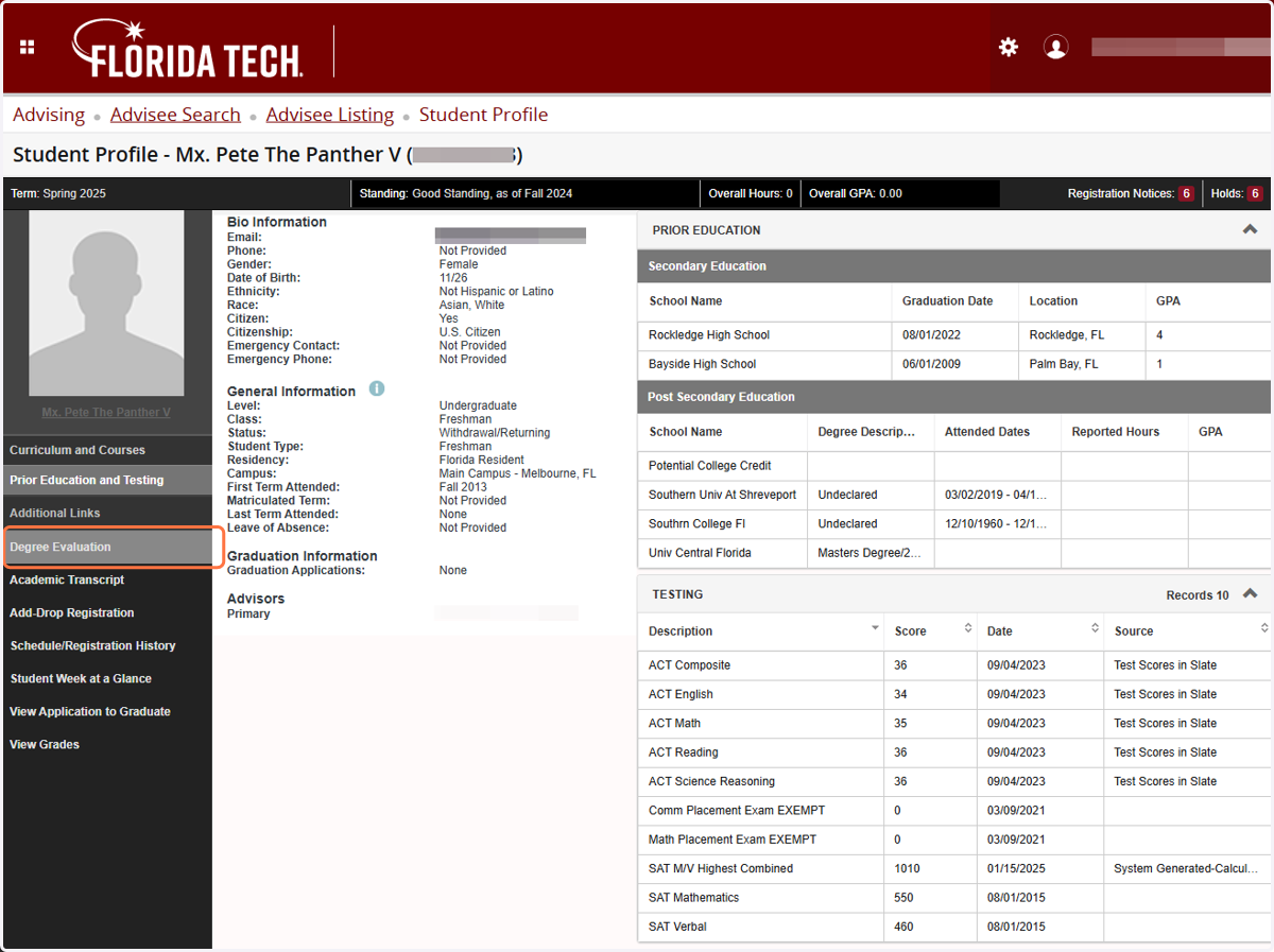 The Curriculum section becomes the Prior Education and Testing section