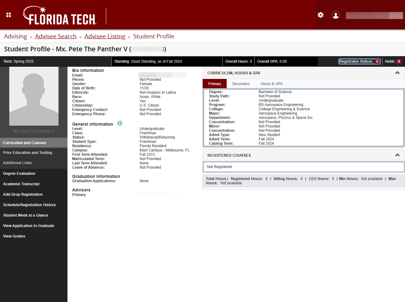Click on Registration Notices to see student's registration status and PIN