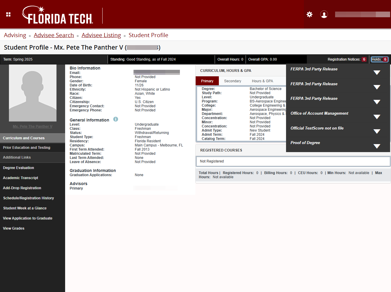 Click on Prior Education and Testing to see prior education and test scores