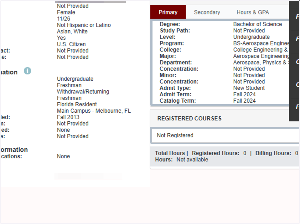 Click on Prior Education and Testing to see prior education and test scores