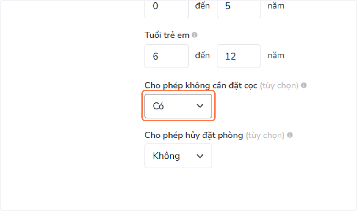 Cho phép không cần đặt cọc (tùy chọn): Thiết lập việc có yêu cầu đặt cọc khi đặt phòng hay không. Khi chọn “Có” cho Không đặt cọc, hệ thống sẽ ẩn phần thanh toán đối với đại lý du lịch nhưng vẫn hiển thị phần thanh toán đối với khách.