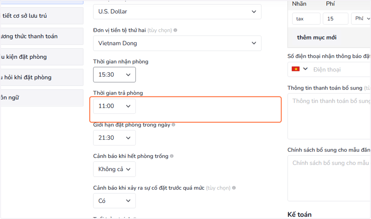 Thời gian trả phòng: Chọn thời gian khách trả phòng tại cơ sở lưu trú của bạn.